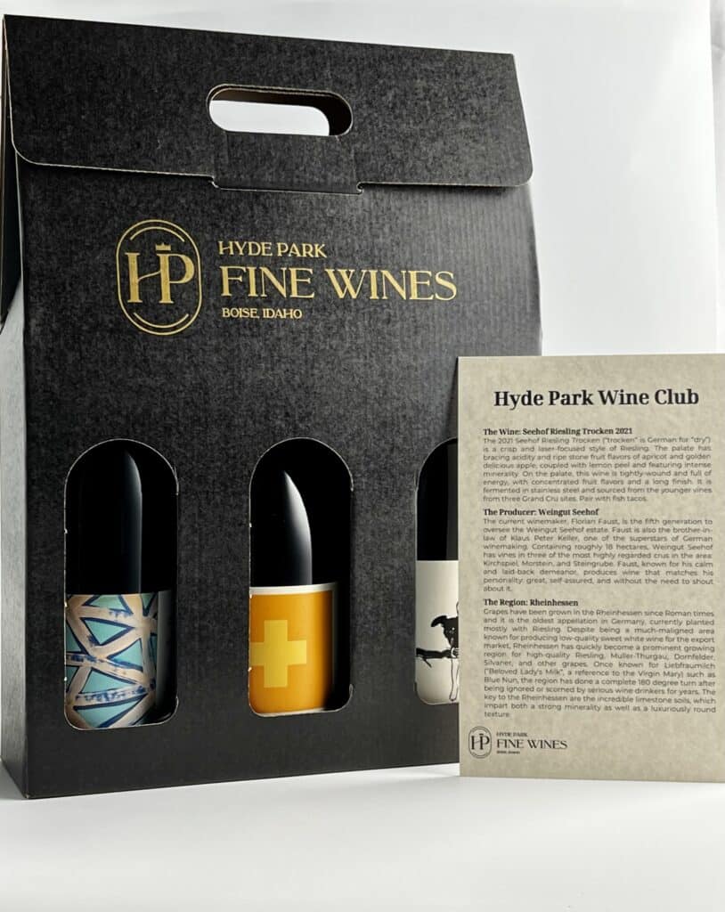 Hyde Park Fine Wines photo of wine club subscription box and personalized notes