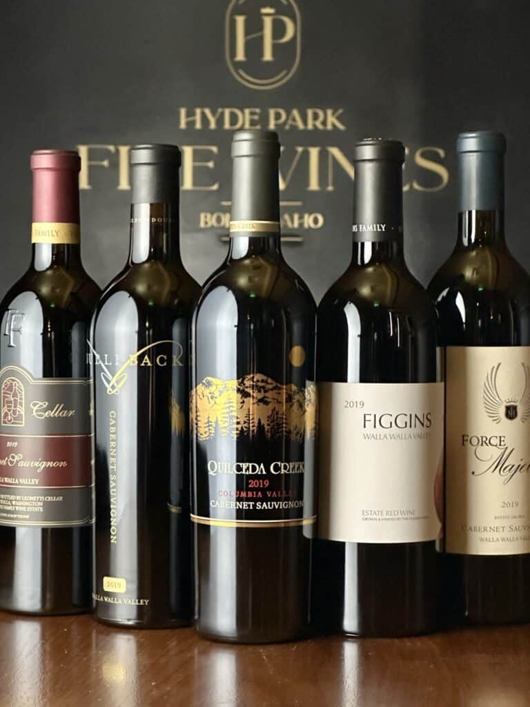 Hyde Park Fine Wines photo of five bottles of 2019 Cabernet Sauvignon from different wineries in Washington.