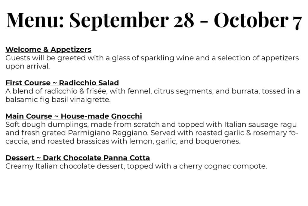 Hyde Park Fine Wines supper club menu September 28 - October 7