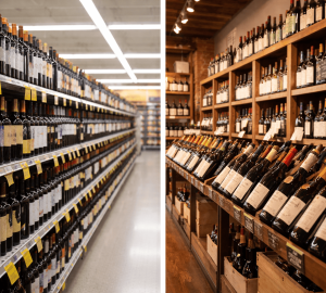 Split image showing a brightly lit grocery store wine aisle with long metal shelves and yellow price tags on the left, contrasted with a warm, wood-paneled wine shop with curated bottle displays and softer lighting on the right.